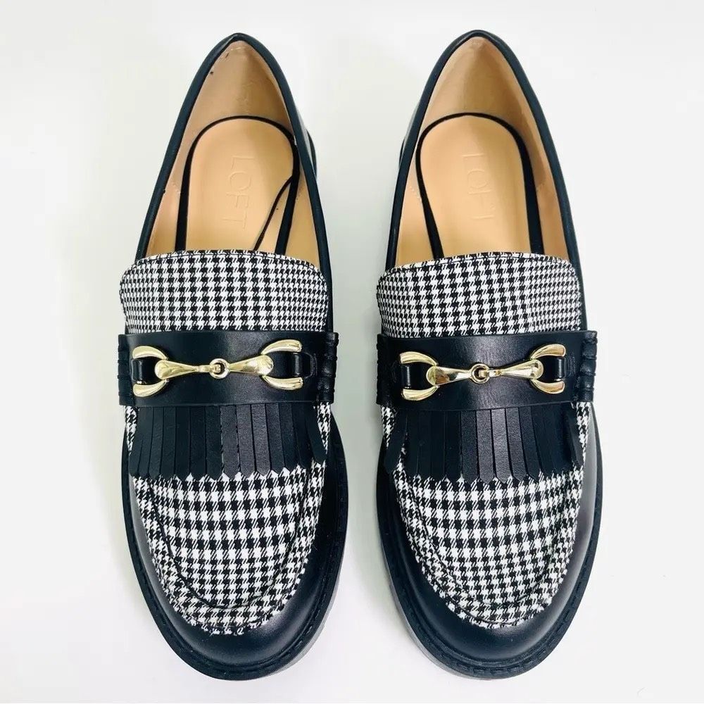 LOFT Houndstooth Lug Sole Loafers Slip On Platform Shoes Black White 8 NEW - Picture 4 of 5